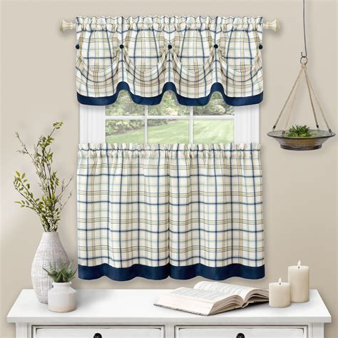 Window Kitchen Curtain Set 3 Piece Panels And Valanc Geometric Plaid