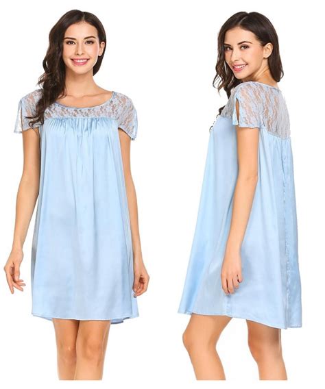 Lace Satin Nightgown Short Sleeves Round Neck Nightdress Loose Loungewear Dress Light Blue