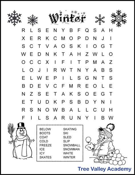 Printable Winter Word Search For 3rd Grade Tree Valley Academy