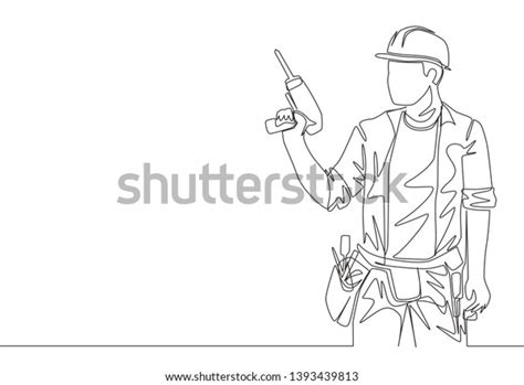 One Single Line Drawing Young Handyman Stock Vector Royalty Free