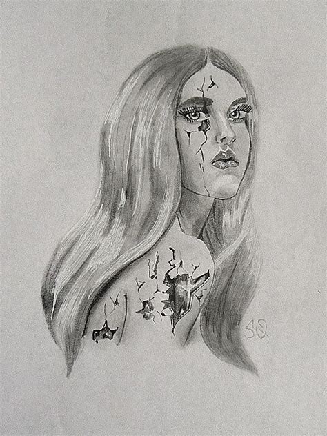 Drawing Black White Of Broken Girl