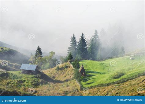 Summer Foggy Sunrise Abobe The Mountain Village Stock Photo Image Of