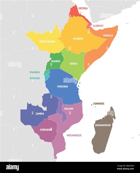 Región De África Oriental Mapa Colorido De Países Del Este De África Ilustración Vectorial