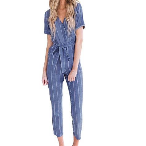 2019 new summer women long jumpsuit v neck short sleeved cotton linen striped plus size loose