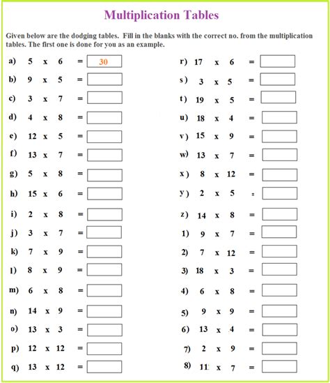 Multiplication Table Worksheet 1 20