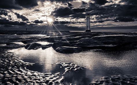 B W Beach Clouds Lighthouse Rocks Stones Sunlight Hd Wallpaper