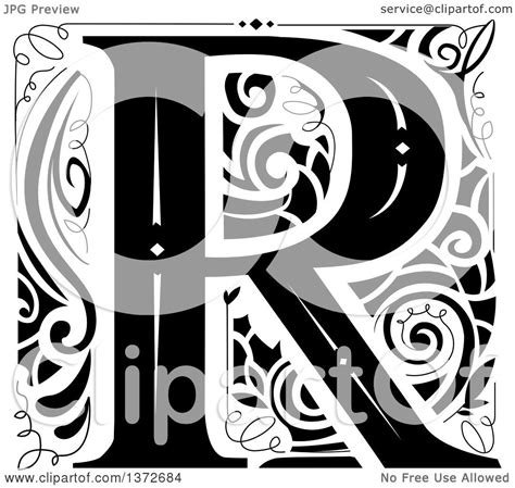 Clipart Of A Black And White Vintage Letter R Monogram Royalty Free