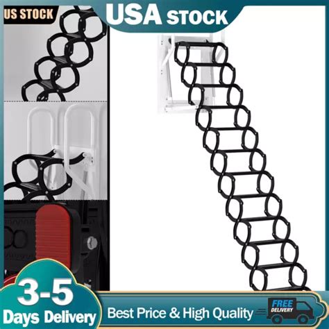Wall Mounted Folding Ladder Black Loft Attic Stairs Pull Down 12 Steps