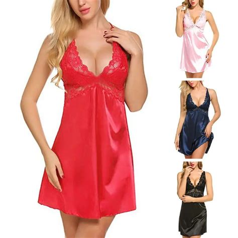 New Women Deep V Neck Backless Nightgown Floral Lace Satin Bowknot Sleepwear Sexy Back Cross