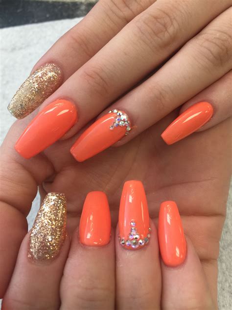 Hot Orange Colors And Rhinestone Designs Orange Acrylic Nails Orange Nails Orange Nail Designs