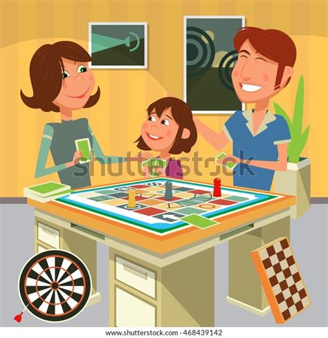 Familia jugndo juegos de mesa animado : Familia jugando un juego de mesa. Dibujo vectorial colorido