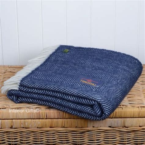 Tweedmill Navy Blue Herringbone Fishbone Pure New Wool Throw