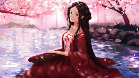 Desktop Wallpaper Cute Anime Girl Cherry Flowers Music