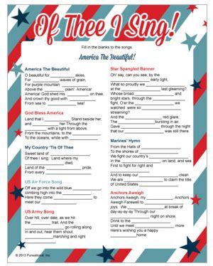 Print out the 4th of july trivia game sheets (1 flag sheet and 1 answer key). Printable Of Thee I Sing | 4th of july games, 4th of july trivia, 4th of july