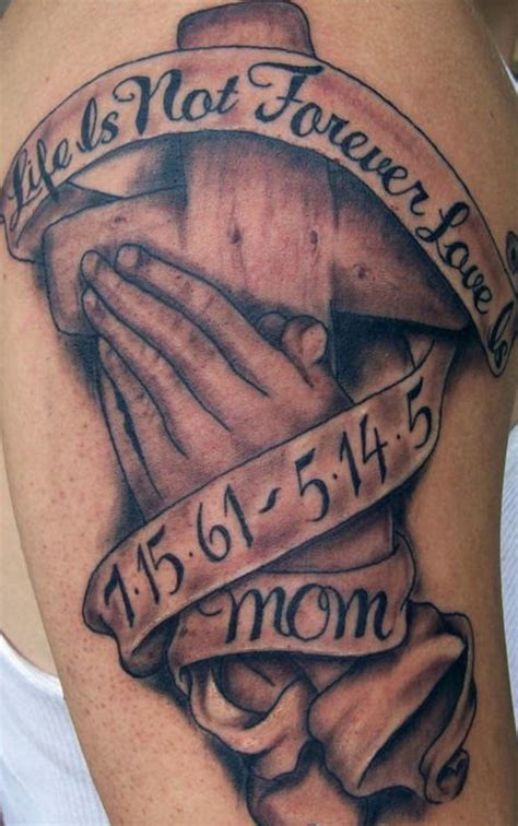 Cross And Praying Hands Memorial Tattoo