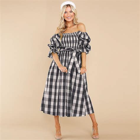 Women Summer Dress 2022 Summer Slim Fit Off Shoulder Plaid Printed