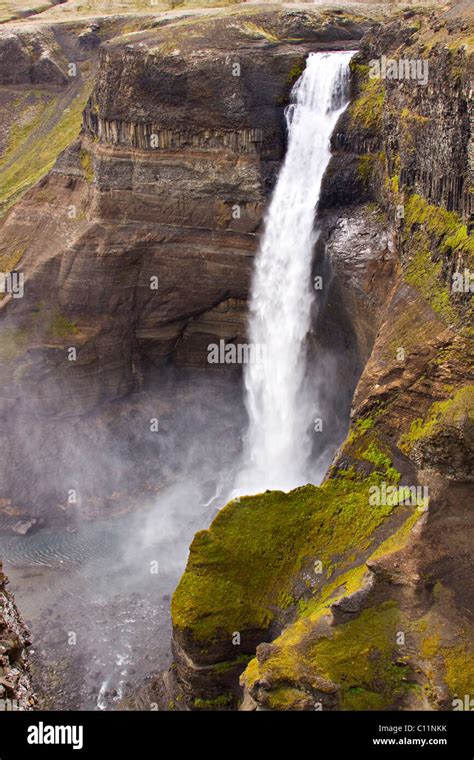 Háifoss Waterfall With 120 Meters Descent Hekla Iceland Europe Stock