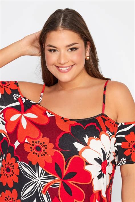 Plus Size Red Tropical Print Cold Shoulder Top Yours Clothing