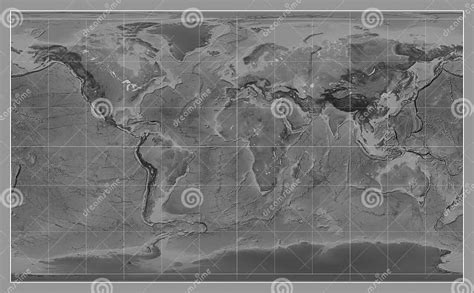 World Map Grayscale Compact Miller Projection Meridian 0 Stock