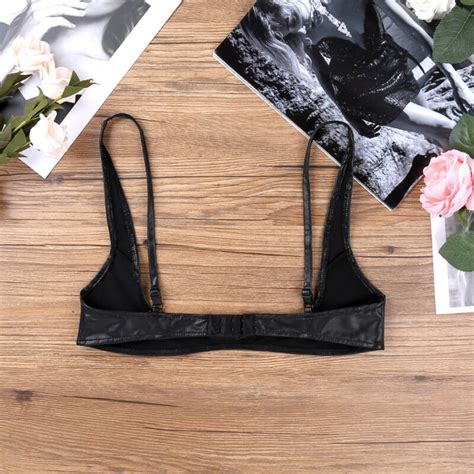 Sexy Womens Faux Leather Shelf Bra Cupless Push Up Bras Top Open Bust