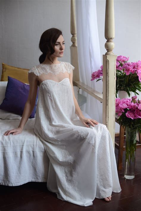 Long Silk Bridal Nightgown With Lace F Bridal Lingerie Etsy