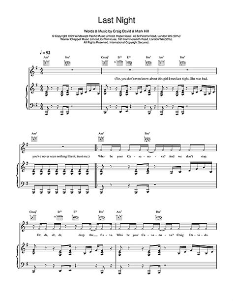 Last Night Sheet Music By Craig David Piano Vocal And Guitar 14592