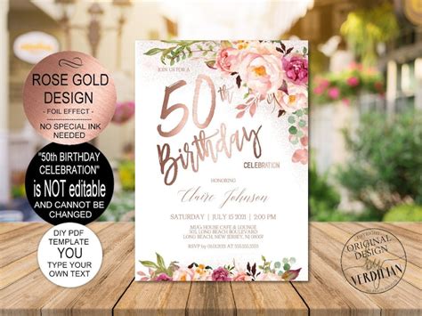 Diy 50th Birthday Invitation Template Blush Rose Gold Floral Etsy