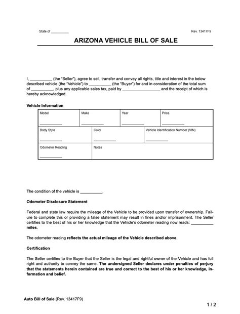 Free Arizona Vehicle Bill Of Sale Form PDF Word