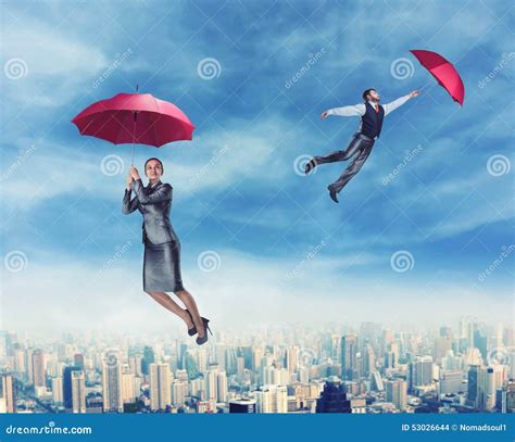 People Flying In The Sky With Umbrellas Stock Photo Image Of Career