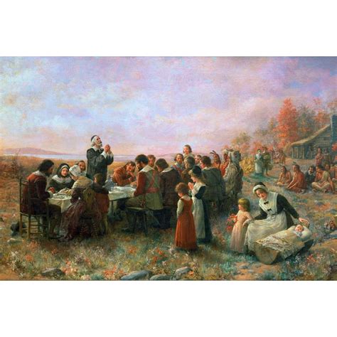 the first thanksgiving fall meal between pilgrims and the wampanoag at plymouth colony print