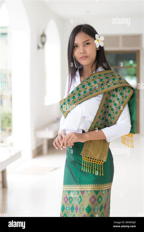 Beautiful Laos Girl In Laos Costume Asian Woman Wearing Traditional Laos Culture Vintage Style