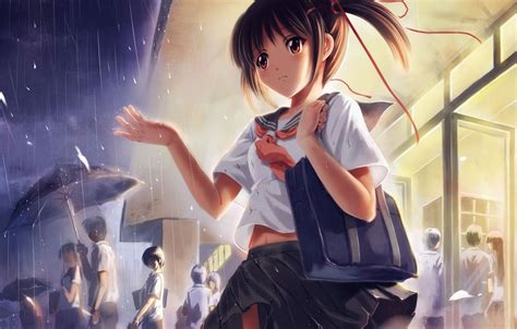 Wallpaper Girl Rain Umbrella Anime Art Form School Students