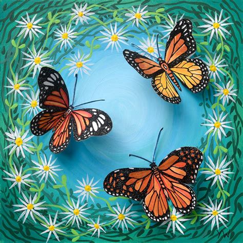 Orange Butterflies And Daisies 2020 Mixed Media Painting By Yvonne B