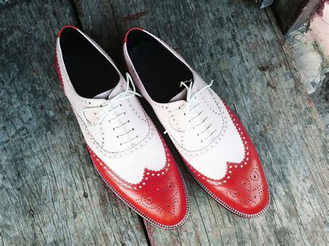 Handmade Lace Up Red And White Leather Shoe Mens Wing Tip Brogue Dress