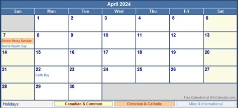 April 2024 Canada Calendar With Holidays For Printing Image Format