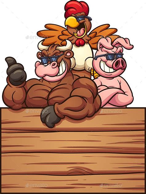 Cool Cartoon Bull Pig And Chicken With A Wooden Banner Vector Clip