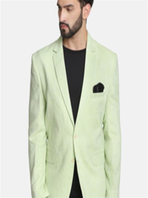 Buy Tahvo Men Green Solid Single Breasted Linen Blazer Blazers For