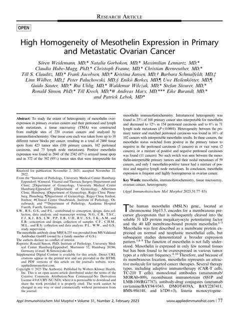 Pdf High Homogeneity Of Mesothelin Expression In Primary And