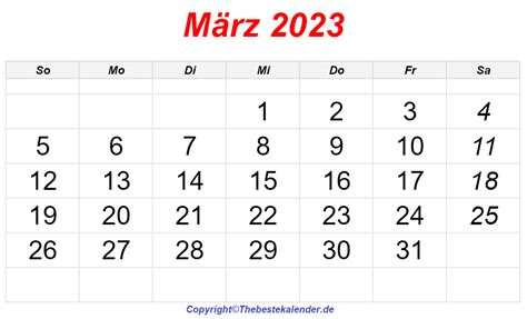 Druckbare März 2023 Kalender Zum Ausdrucken