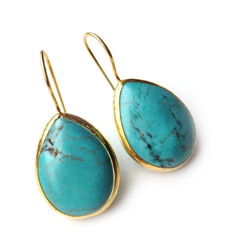 Turquoise Drop Silver Earrings Coated In 18 Karat Gold Etsy