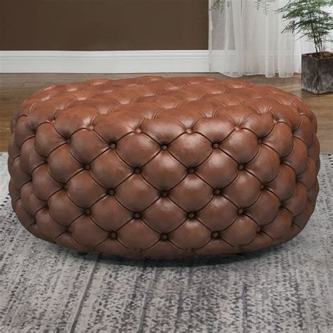 Brown Ottoman Round Pu Leather Tufted Upholstered Stool In Small