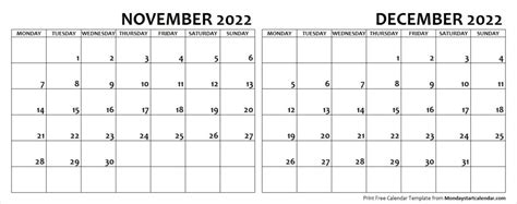 November December 2022 Calendar Monday Start Two Months Template
