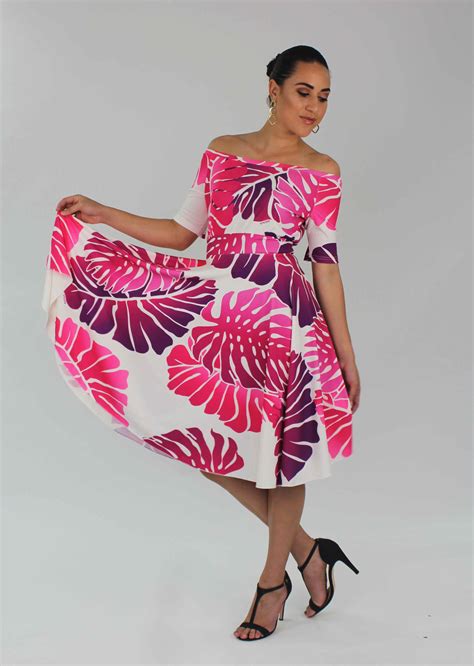 Mena Pacific Island Designs Pink Tropical Leaf Dress Samoan Dress