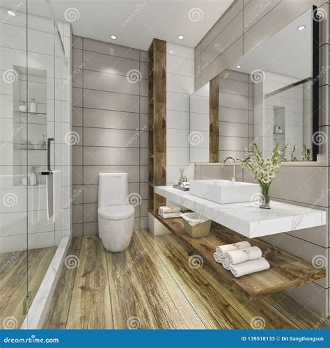 3d Rendering Modern Bathroom With Luxury Tile Decor Stock Illustration