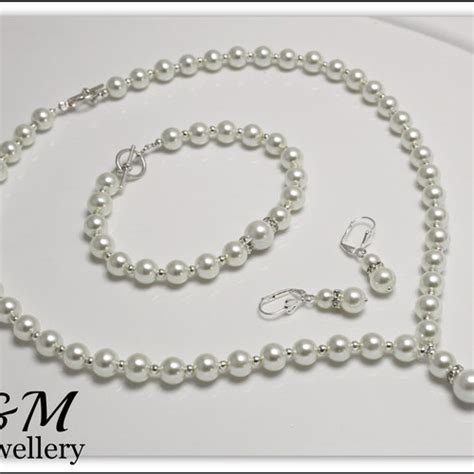 Pearl Necklace Bracelet Earrings Jewellery Set Wedding Bride Etsy
