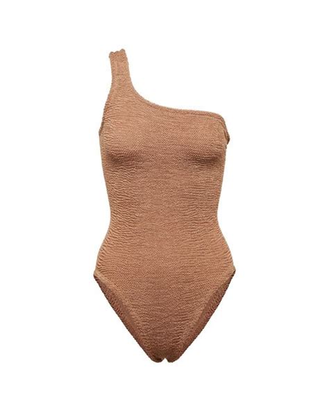 Hunza G Synthetic Nancy One Shoulder Swimsuit In Metallic Cocoa Brown