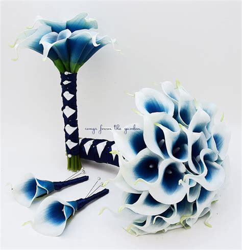 Reserved Royal Blue Picasso Real Touch Calla Lily Bridal Bouquet And