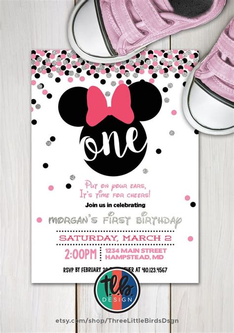 Minnie Mouse First Birthday Invite Girl 1st Birthday Silver Etsy