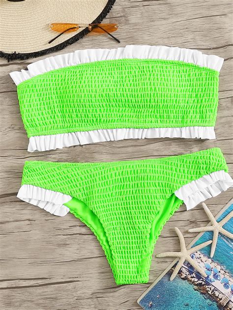 Neon Green Frill Trim Smocked Bandeau Bikini Set Romwe