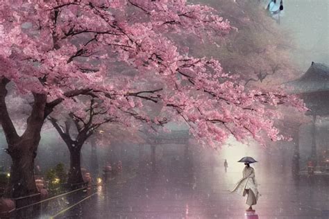 A Beautiful Picture Of Rainy Day Sakura In Full Stable Diffusion